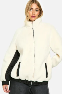 Up To 80% Off Winter Warmers|Teddy Jackets*boohoo Contrast Nylon Panel Teddy Jacket cream
