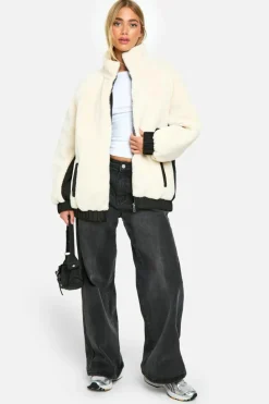 Up To 80% Off Winter Warmers|Teddy Jackets*boohoo Contrast Nylon Panel Teddy Jacket cream