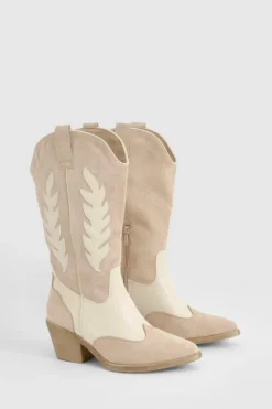 Knee High Boots|Cowboy Boots*boohoo Contrast Panel Knee High Western Boots beige
