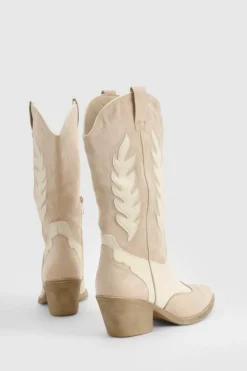 Knee High Boots|Cowboy Boots*boohoo Contrast Panel Knee High Western Boots beige