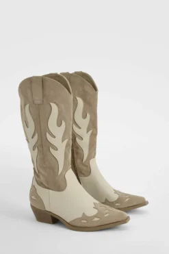 Cowboy Boots|All Boots*boohoo Contrast Panel Western Cowboy Boots taupe