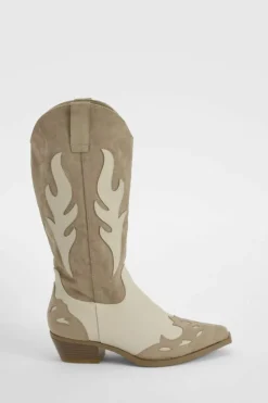 Cowboy Boots|All Boots*boohoo Contrast Panel Western Cowboy Boots taupe
