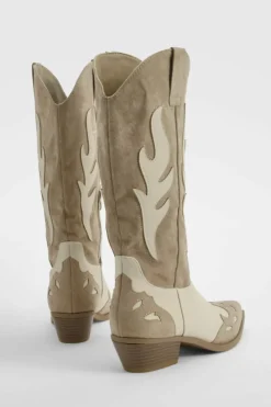 Cowboy Boots|All Boots*boohoo Contrast Panel Western Cowboy Boots taupe