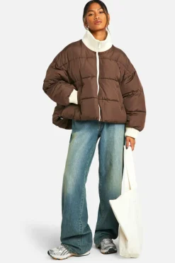 Up To 80% Off Winter Warmers|Puffer Jackets*boohoo Contrast Rib Puffer Jacket chocolate