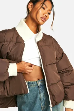 Up To 80% Off Winter Warmers|Puffer Jackets*boohoo Contrast Rib Puffer Jacket chocolate