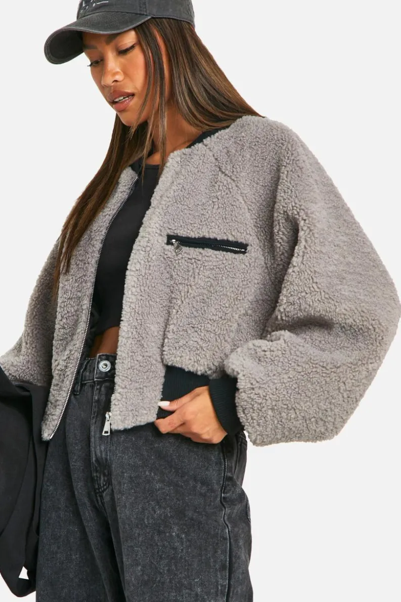Up To 80% Off Winter Warmers|Bomber Jackets*boohoo Contrast Rib Teddy Bomber Jacket grey