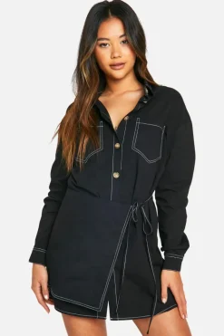 Shirt Dresses|Wrap Dresses*boohoo Contrast Seam Wrap Shirt Dress black