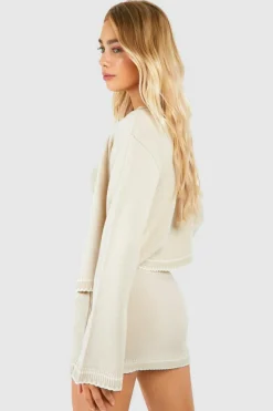 Knitted Co-Ords|Bottoms*boohoo Contrast Stitch 3 Piece Knitted Cardigan, Crop Top And Mini Skirt Set stone
