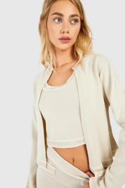 Knitted Co-Ords|Bottoms*boohoo Contrast Stitch 3 Piece Knitted Cardigan, Crop Top And Mini Skirt Set stone