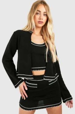 Knitted Co-Ords|Skirts*boohoo Contrast Stitch 3 Piece Knitted Cardigan, Crop Top And Mini Skirt Set black