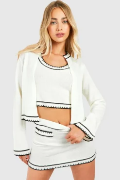 Knitted Co-Ords|Bottoms*boohoo Contrast Stitch 3 Piece Knitted Cardigan, Crop Top And Mini Skirt Set ecru
