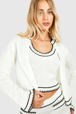 Knitted Co-Ords|Bottoms*boohoo Contrast Stitch 3 Piece Knitted Cardigan, Crop Top And Mini Skirt Set ecru