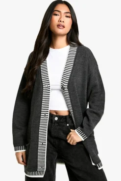 Cardigans*boohoo Contrast Stitch Oversized Knitted Cardigan charcoal