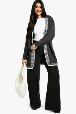 Cardigans*boohoo Contrast Stitch Oversized Knitted Cardigan charcoal
