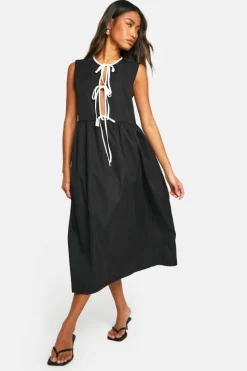 Smock Dresses|Midi Dresses*boohoo Contrast Tie Front Woven Midi Dress black