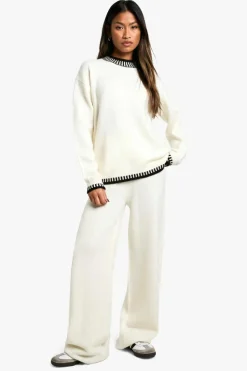 Knitted Co-Ords|Co-Ord Sets*boohoo Contrast Trim Jumper And Wide Leg Trouser Knitted Co-ord ecru