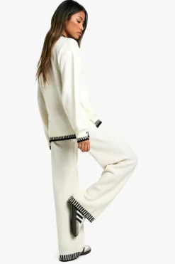 Knitted Co-Ords|Co-Ord Sets*boohoo Contrast Trim Jumper And Wide Leg Trouser Knitted Co-ord ecru