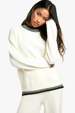 Knitted Co-Ords|Co-Ord Sets*boohoo Contrast Trim Jumper And Wide Leg Trouser Knitted Co-ord ecru