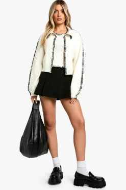 Knitted Co-Ords|Cardigans*boohoo Contrast Trim Knitted Crop Top And Cardigan Co-ord ecru