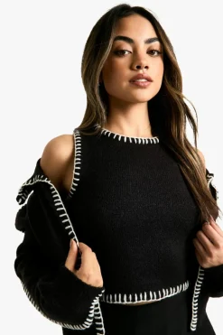 Cardigans|Knitted Co-Ords*boohoo Contrast Trim Knitted Crop Top And Cardigan Co-ord black
