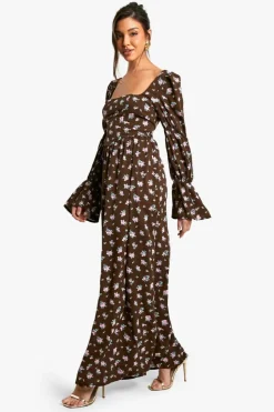 Skater Dresses*boohoo Corset Floral Print Puff Sleeve Milkmaid Maxi Dress brown