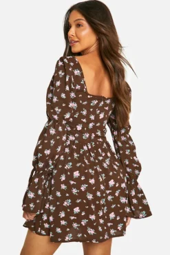 Skater Dresses|Mini Dresses*boohoo Corset Floral Print Puff Sleeve Milkmaid Skater Dress brown