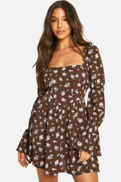 Skater Dresses|Mini Dresses*boohoo Corset Floral Print Puff Sleeve Milkmaid Skater Dress brown