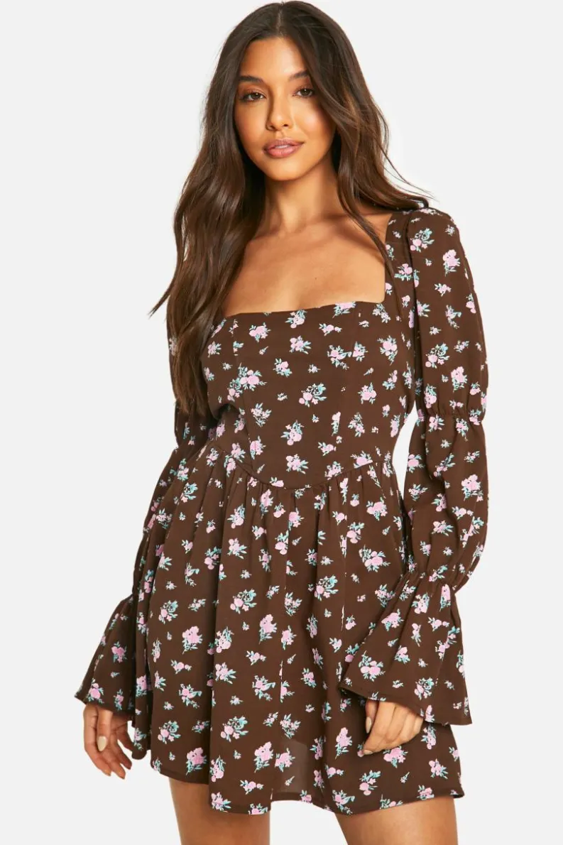 Skater Dresses|Mini Dresses*boohoo Corset Floral Print Puff Sleeve Milkmaid Skater Dress brown