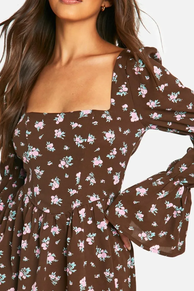 Skater Dresses|Mini Dresses*boohoo Corset Floral Print Puff Sleeve Milkmaid Skater Dress brown