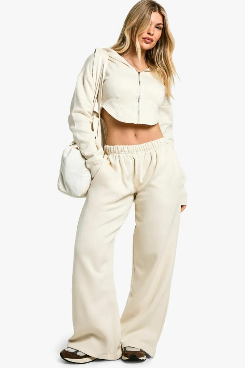 Up To 80% Off Winter Warmers|Athleisure*boohoo Corset Zip Hoodie And Straight Leg Jogger Tracksuit ecru