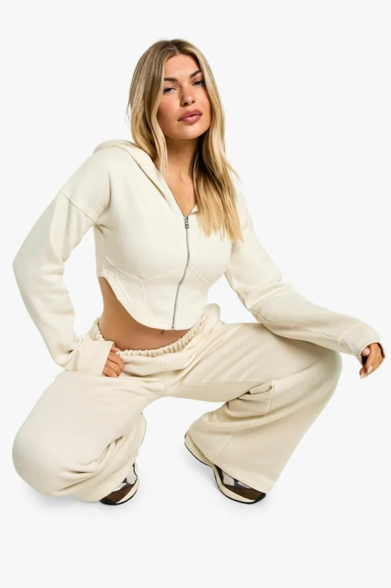 Up To 80% Off Winter Warmers|Athleisure*boohoo Corset Zip Hoodie And Straight Leg Jogger Tracksuit ecru