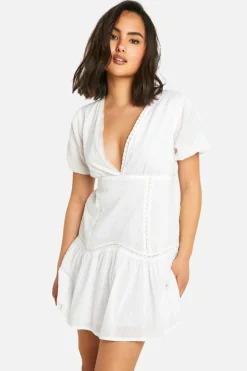Smock Dresses*boohoo Cotton Dobby Crochet Mini Dress white