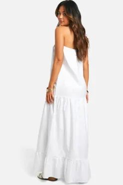 Smock Dresses*boohoo Cotton Poplin Bandeau Volume Maxi Dress white