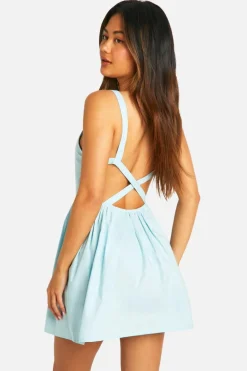 Smock Dresses*boohoo Cotton Poplin Cross Back Smock Dress pale blue