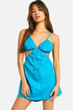 Smock Dresses*boohoo Cotton Poplin Cut Out Smock Dress blue