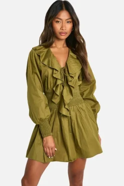Skater Dresses*boohoo Cotton Poplin Frill Detail Skater Dress khaki