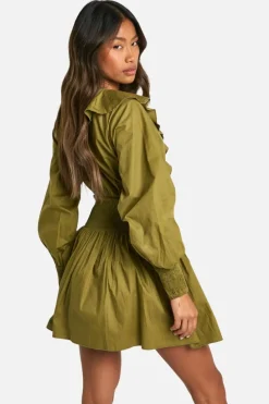 Skater Dresses*boohoo Cotton Poplin Frill Detail Skater Dress khaki