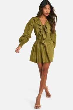 Skater Dresses*boohoo Cotton Poplin Frill Detail Skater Dress khaki