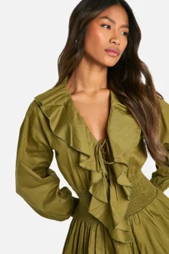 Skater Dresses*boohoo Cotton Poplin Frill Detail Skater Dress khaki