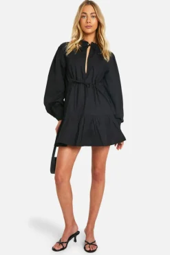 Smock Dresses*boohoo Cotton Poplin Ruched Smock Dress black