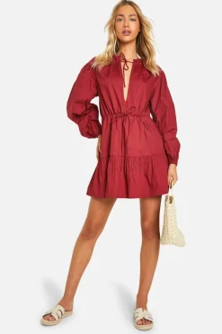 Smock Dresses*boohoo Cotton Poplin Ruched Smock Dress raspberry