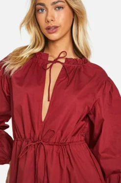 Smock Dresses*boohoo Cotton Poplin Ruched Smock Dress raspberry