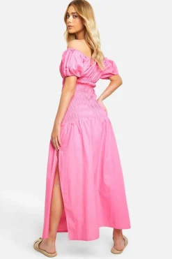 Smock Dresses*boohoo Cotton Poplin Shirred Puff Sleeve Maxi Dress pink
