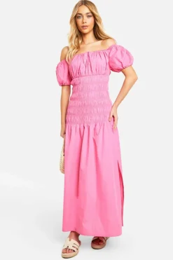 Smock Dresses*boohoo Cotton Poplin Shirred Puff Sleeve Maxi Dress pink