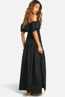 Smock Dresses*boohoo Cotton Poplin Shirred Puff Sleeve Maxi Dress black