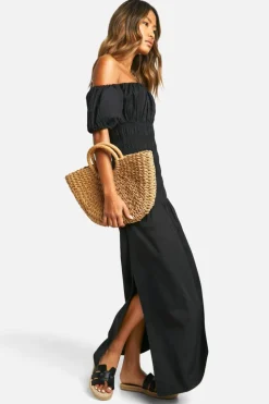 Smock Dresses*boohoo Cotton Poplin Shirred Puff Sleeve Maxi Dress black