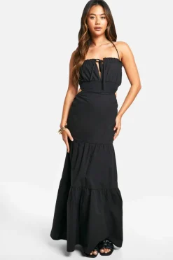 Smock Dresses*boohoo Cotton Poplin Tiered Maxi Dress black