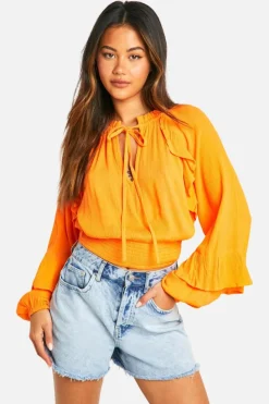 Long Sleeve Tops*boohoo Cotton Ruffle Long Sleeve Top orange