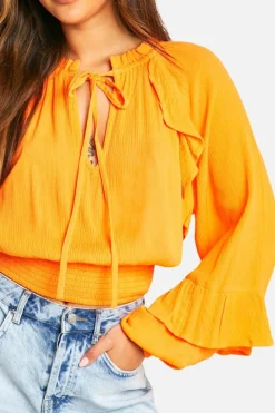 Long Sleeve Tops*boohoo Cotton Ruffle Long Sleeve Top orange