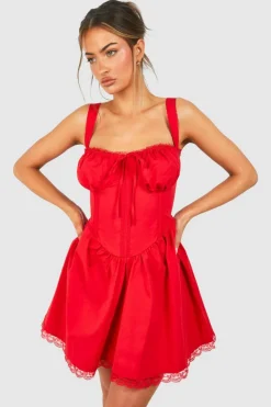 Skater Dresses*boohoo Cotton Strappy Milkmaid Mini Dress red